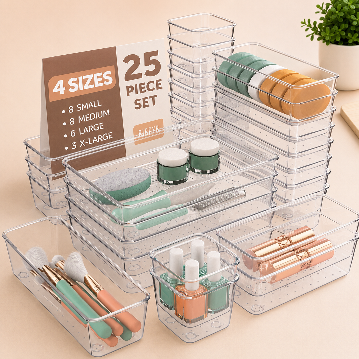 25-Piece Acrylic-Style Drawer Storage Organizer – 4 Sizes for Everyday Essentials
