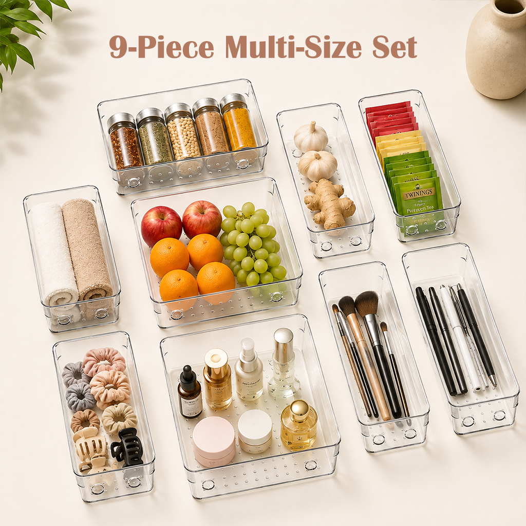 9-Piece Clear Plastic Storage Trays – Versatile Multi-Size Organizers for Home & Kitchen