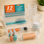 12-Piece Clear Drawer Organizer Set – 4 Sizes for Makeup, Bathroom, Kitchen & Home Storage