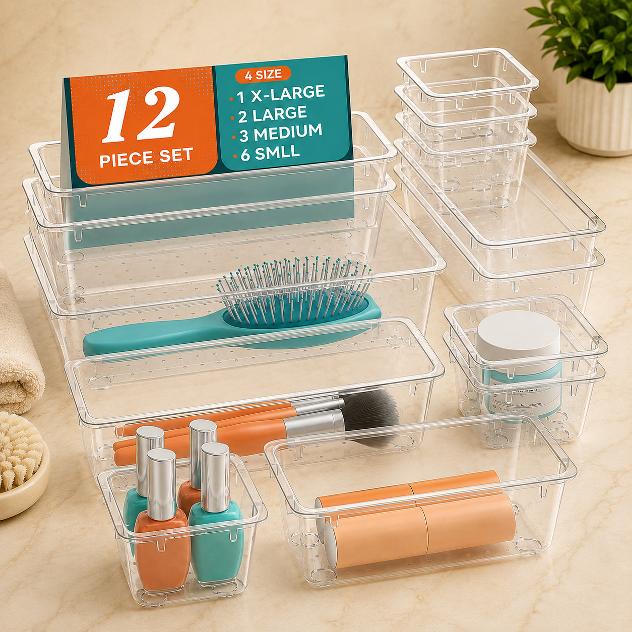12-Piece Clear Drawer Organizer Set – 4 Sizes for Makeup, Bathroom, Kitchen & Home Storage