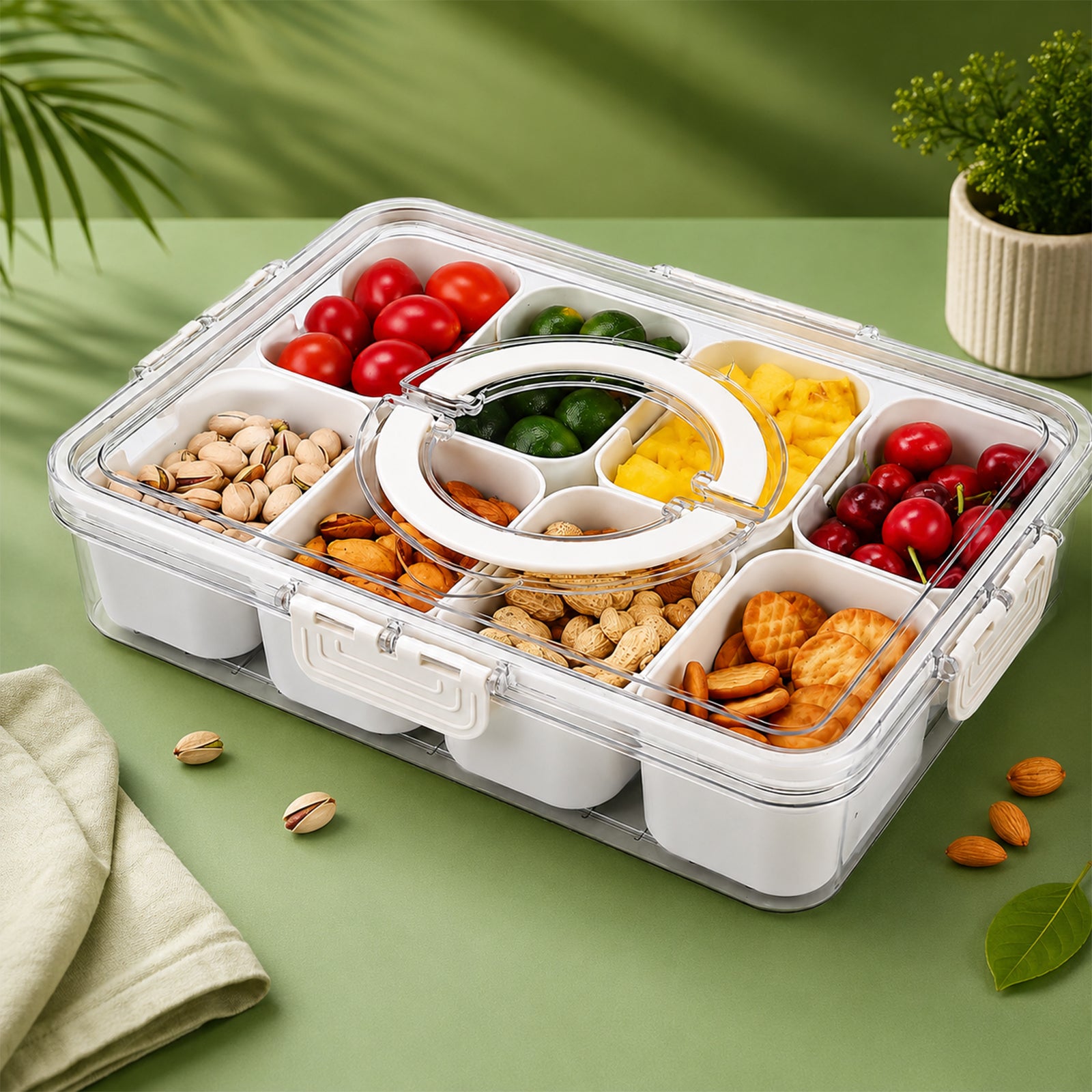 8-Compartment Food Storage Container with Airtight Lid, Portable Handle & 4 Clip Lock | Multi-Section Fresh Food Organizer