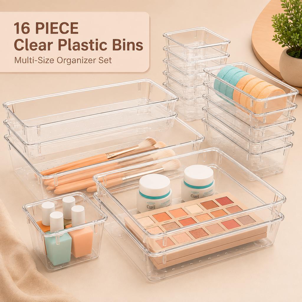16-Piece Clear Plastic Storage Bin Set – 5 Sizes for Kitchen, Refrigerator & Drawer Organization