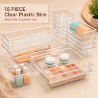 16-Piece Clear Plastic Storage Bin Set – 5 Sizes for Kitchen, Refrigerator & Drawer Organization