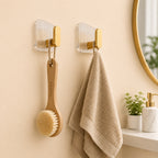 Self-Adhesive Golden Wall Hooks with Set of 4 – Premium Acrylic Sticky Hooks for Bathroom, Kitchen & Home Organization