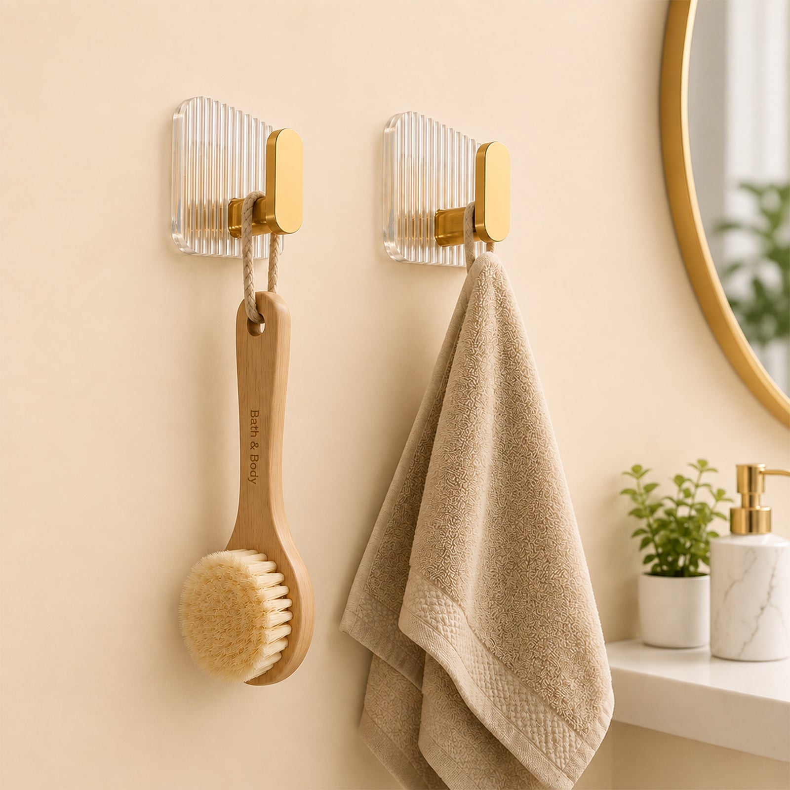 Self-Adhesive Golden Wall Hooks with Set of 4 – Premium Acrylic Sticky Hooks for Bathroom, Kitchen & Home Organization