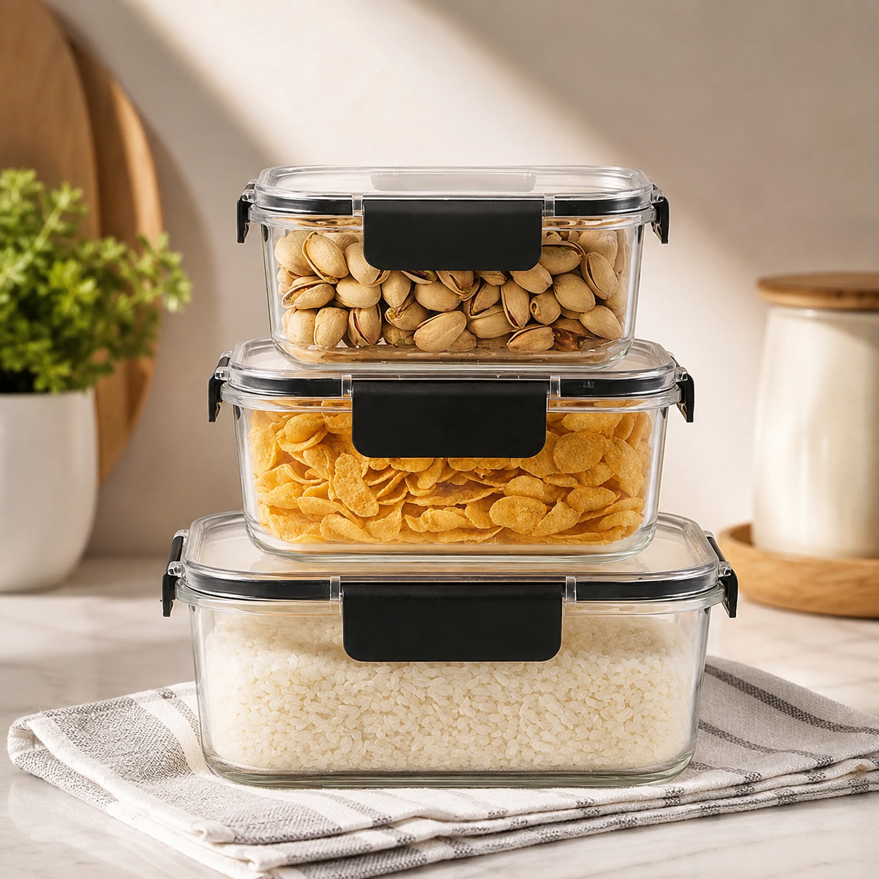 Airtight Food Storage Containers Set of 3 | Leak-Proof Kitchen Containers with Snap-Lock Clips & Silicone Seal | 300ml, 800ml & 1200ml