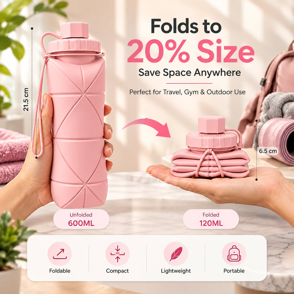 AROSSIM Foldable Silicone Water Bottle – 600ml Collapsible & Leak-Proof Reusable Bottle for Travel, Gym, Cycling, Hiking & Camping