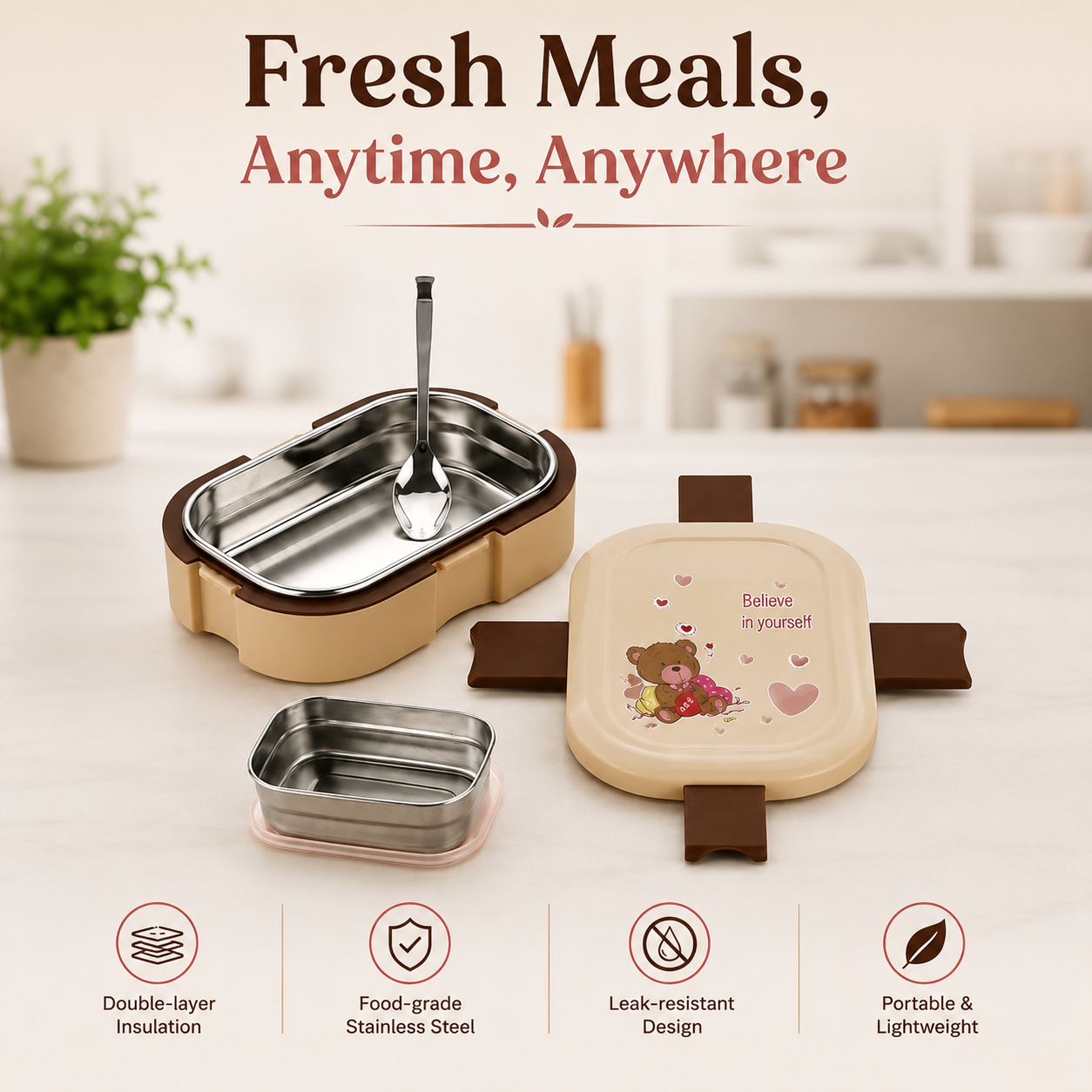 Cute Cartoon Stainless Steel Tiffin for Kids – 2-Compartment Lunch Box for School & Daily Meals