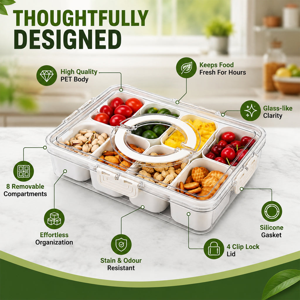 8-Compartment Food Storage Container with Airtight Lid, Portable Handle & 4 Clip Lock | Multi-Section Fresh Food Organizer