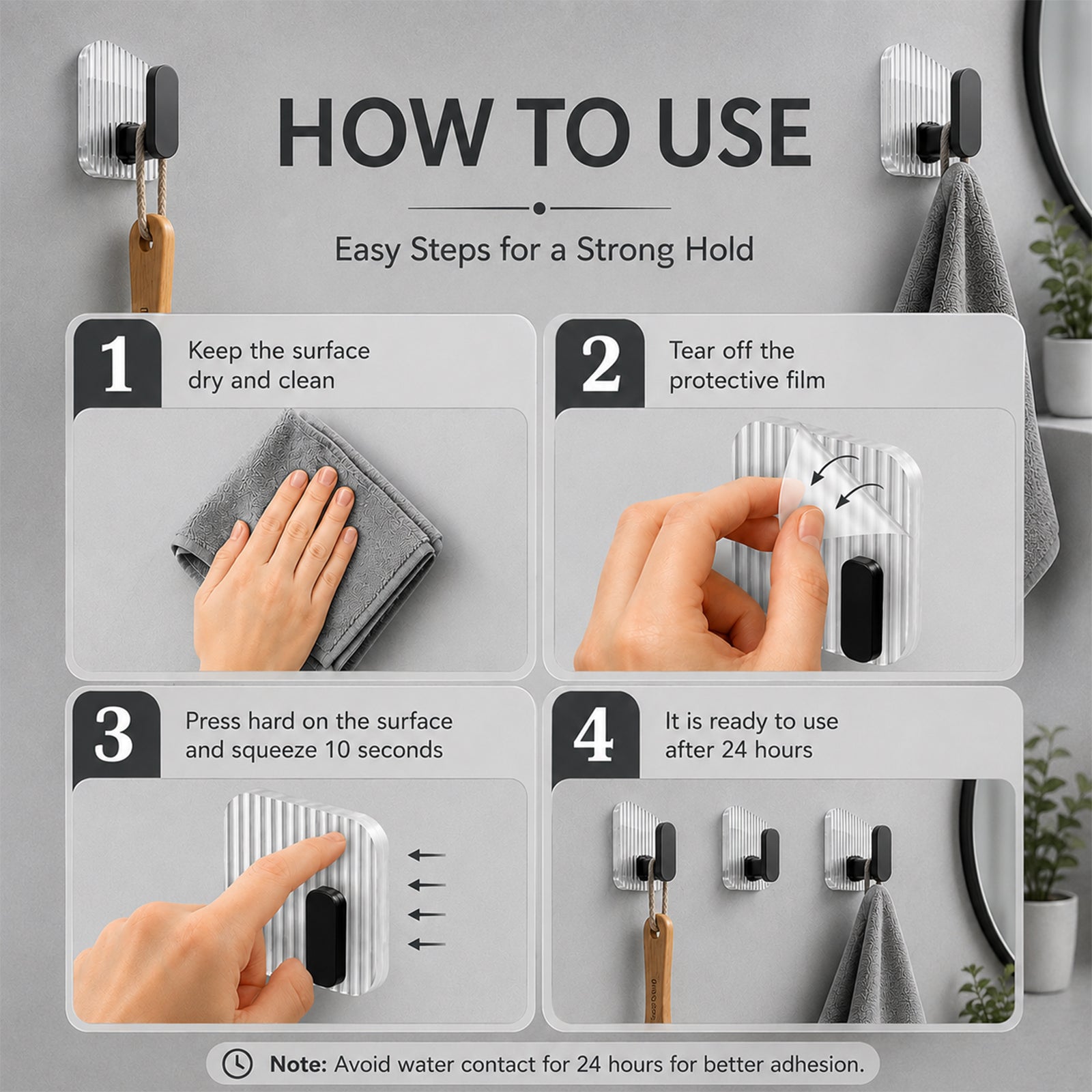 Self-Adhesive Wall Hooks Set of 4 – Strong Sticky Hooks for Bathroom, Kitchen, Bedroom & Home Organization