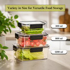 Airtight Food Storage Containers Set of 3 | Leak-Proof Kitchen Containers with Snap-Lock Clips & Silicone Seal | 300ml, 800ml & 1200ml