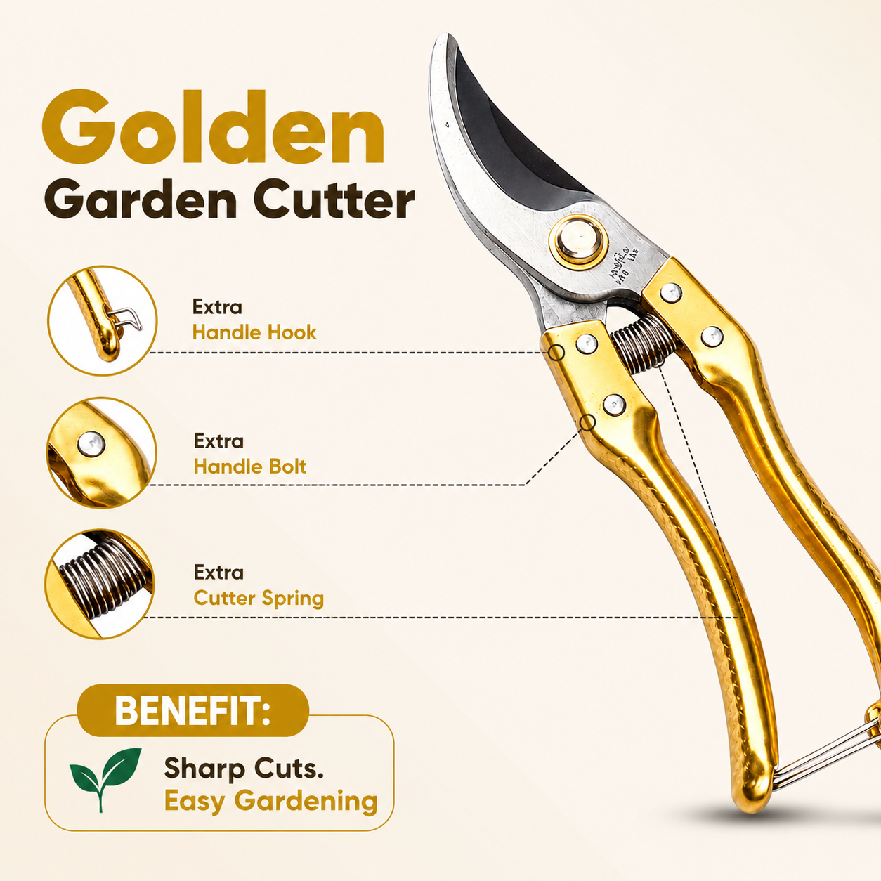 Gardens Professional Pruning Shears | Sharp Stainless Steel Garden Scissors with Safety Lock & Ergonomic Grip for Plants, Flowers & Branches | with 1- extra spring