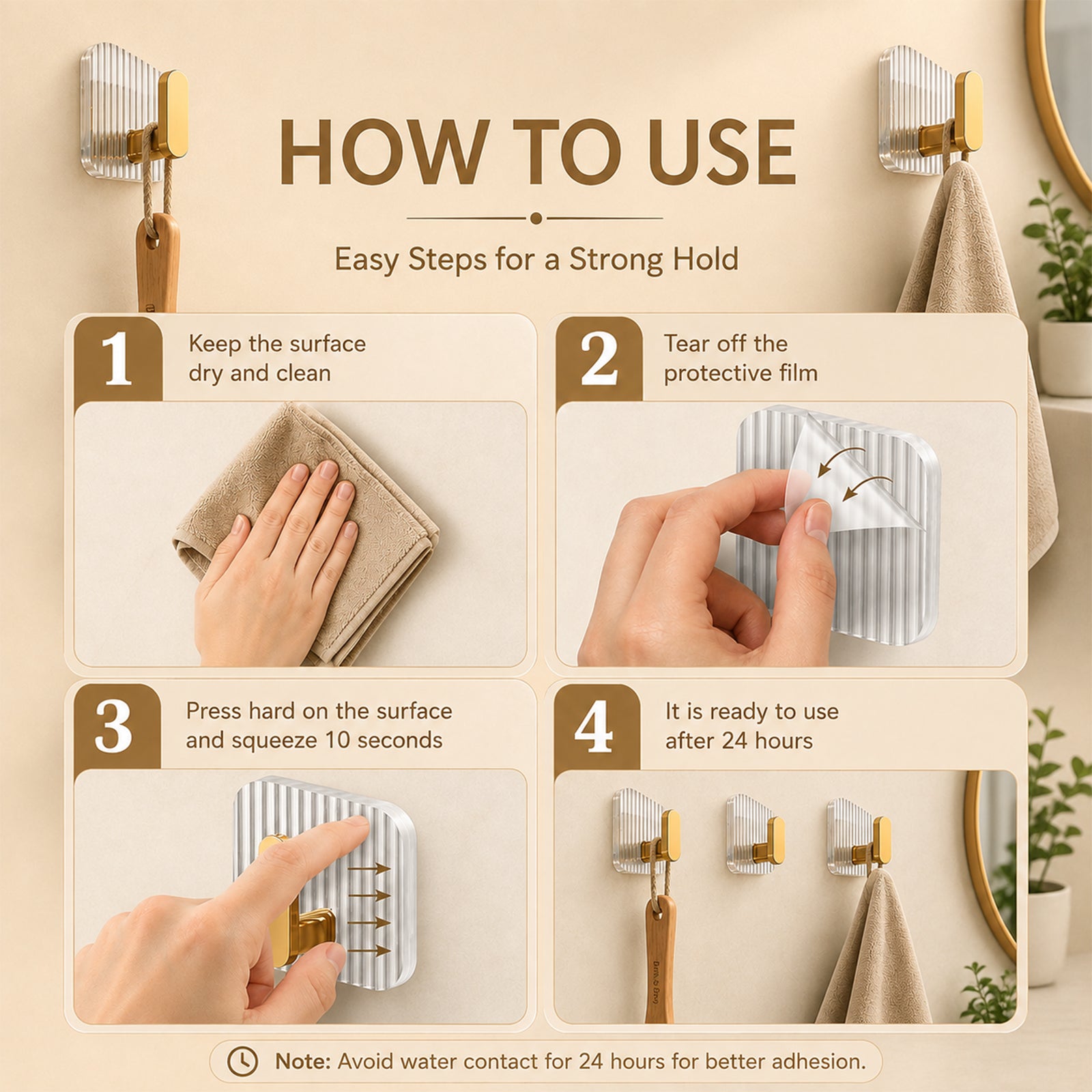 Self-Adhesive Golden Wall Hooks with Set of 4 – Premium Acrylic Sticky Hooks for Bathroom, Kitchen & Home Organization