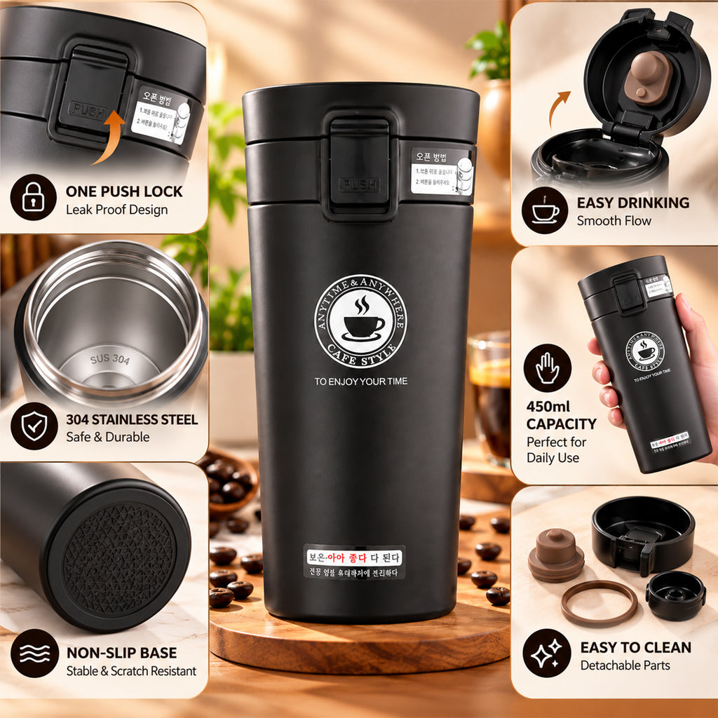 Arossim Stainless Steel Coffee Travel Mug 380ml | Leakproof Thermal Tumbler with Push Button Lid