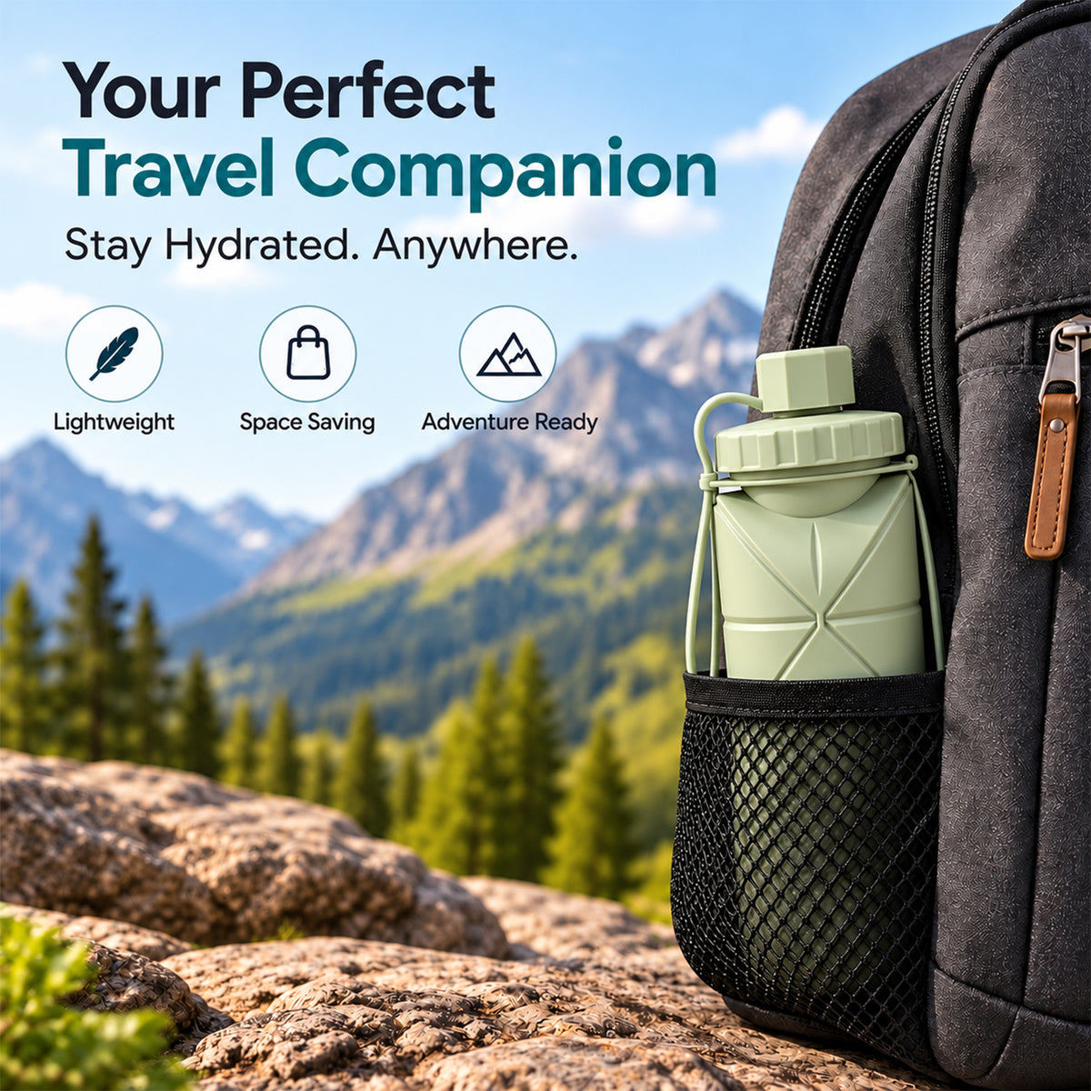 AROSSIM Foldable Silicone Water Bottle – 600ml Collapsible & Leak-Proof Reusable Bottle for Travel, Gym, Cycling, Hiking & Camping
