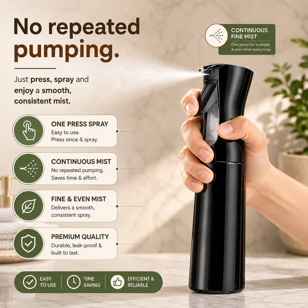 Continuous Fine Mist Spray Bottle – Multi-Purpose Ergonomic Mister for Hair, Plants & Home