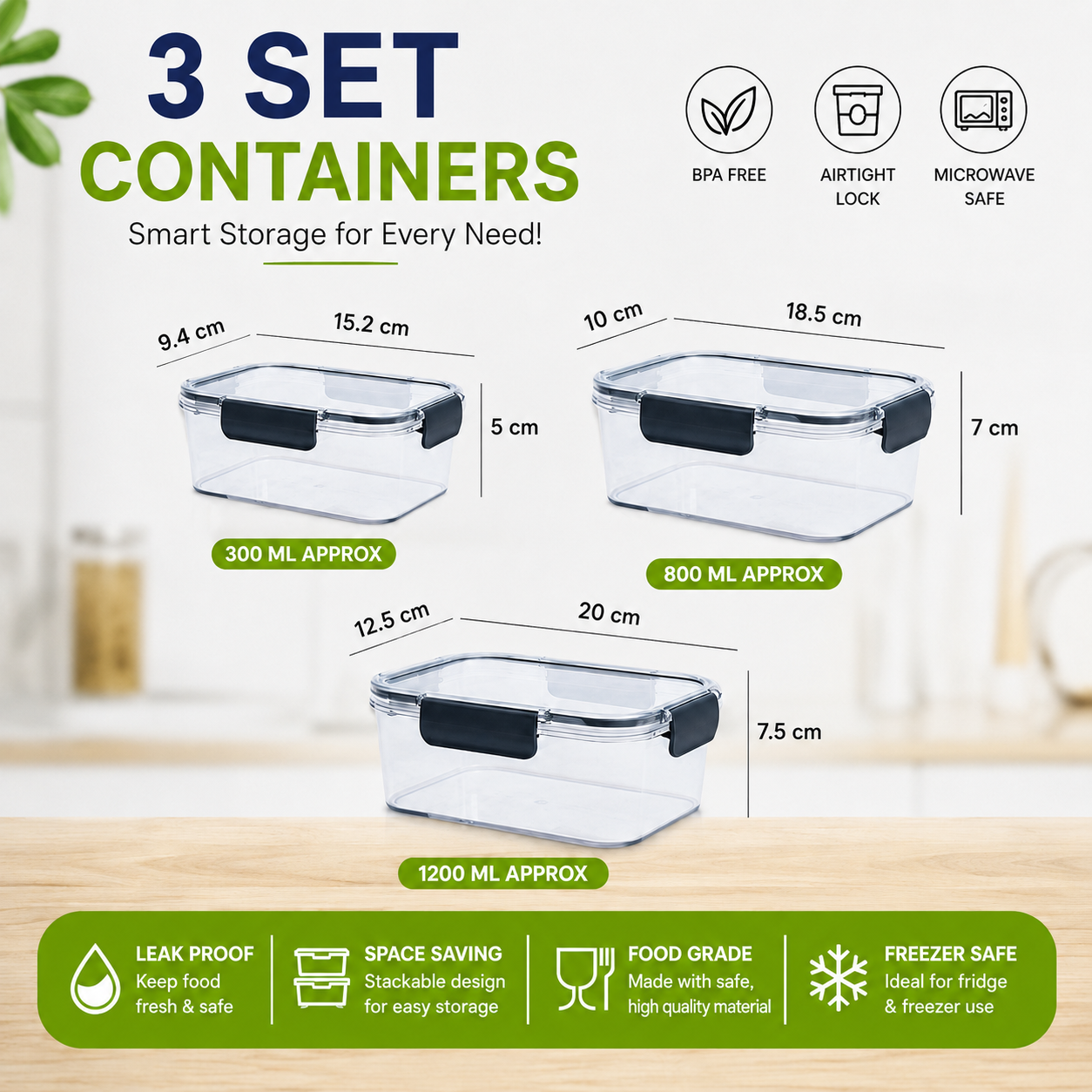 Airtight Food Storage Containers Set of 3 | Leak-Proof Kitchen Containers with Snap-Lock Clips & Silicone Seal | 300ml, 800ml & 1200ml