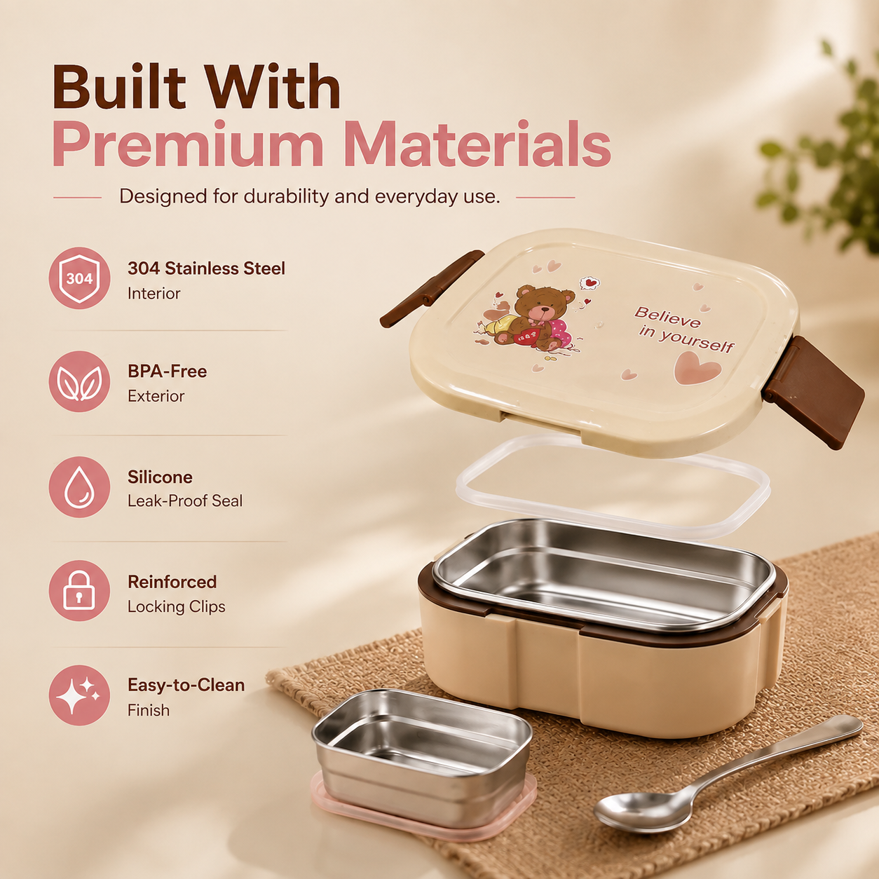 Cute Cartoon Stainless Steel Tiffin for Kids – 2-Compartment Lunch Box for School & Daily Meals