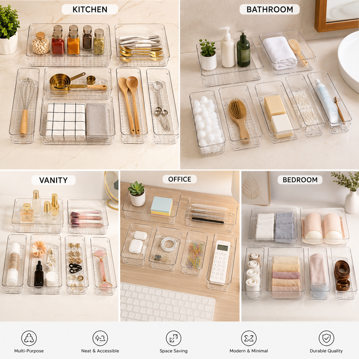 Clear Plastic Storage Trays – Versatile Multi-Size Organizers for Home & Kitchen