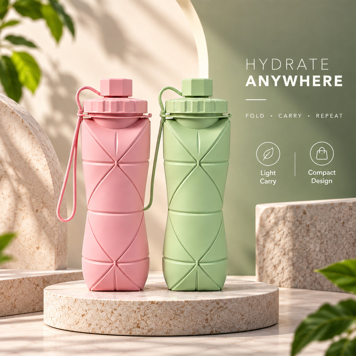 AROSSIM Foldable Silicone Water Bottle – 600ml Collapsible & Leak-Proof Reusable Bottle for Travel, Gym, Cycling, Hiking & Camping