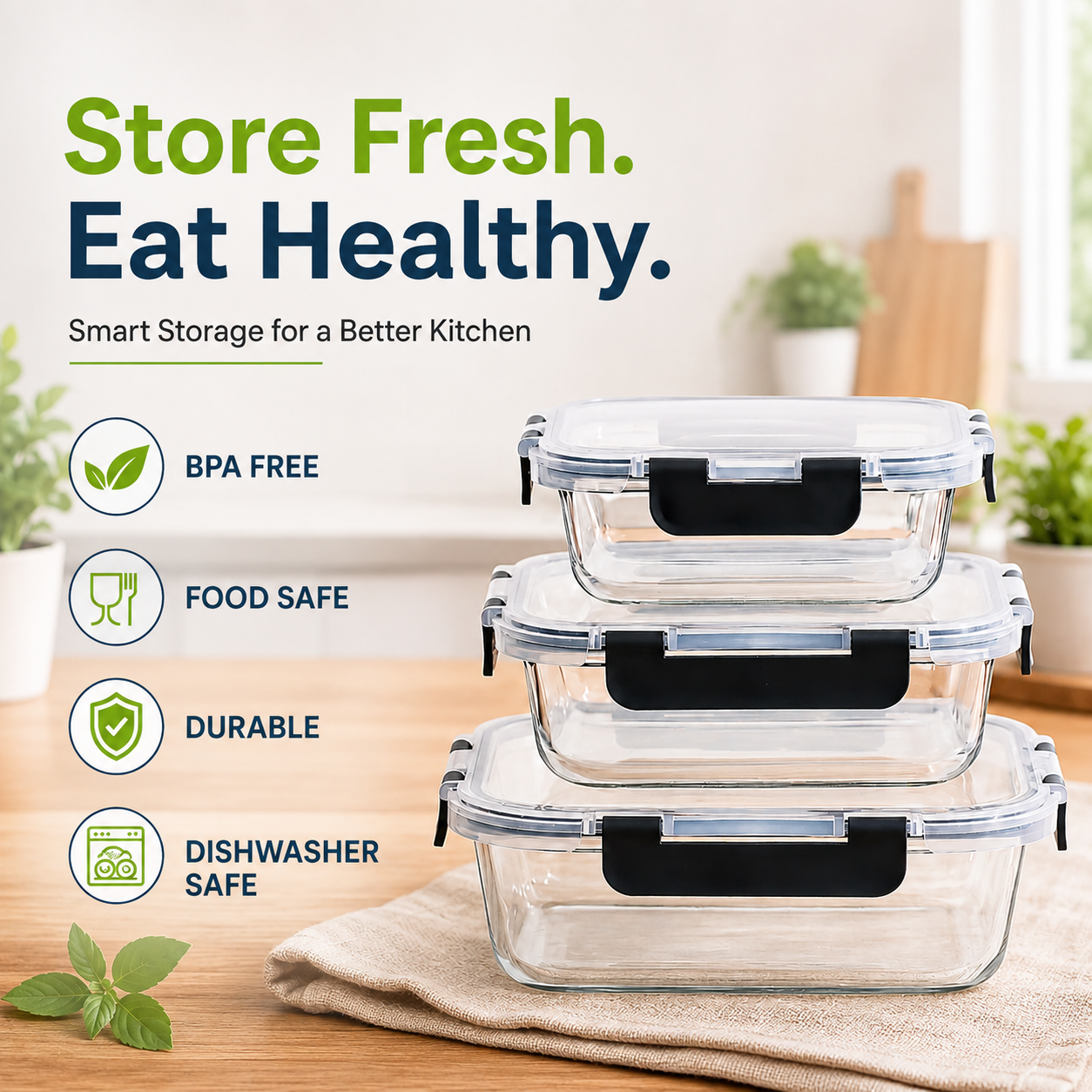 Airtight Food Storage Containers Set of 3 | Leak-Proof Kitchen Containers with Snap-Lock Clips & Silicone Seal | 300ml, 800ml & 1200ml