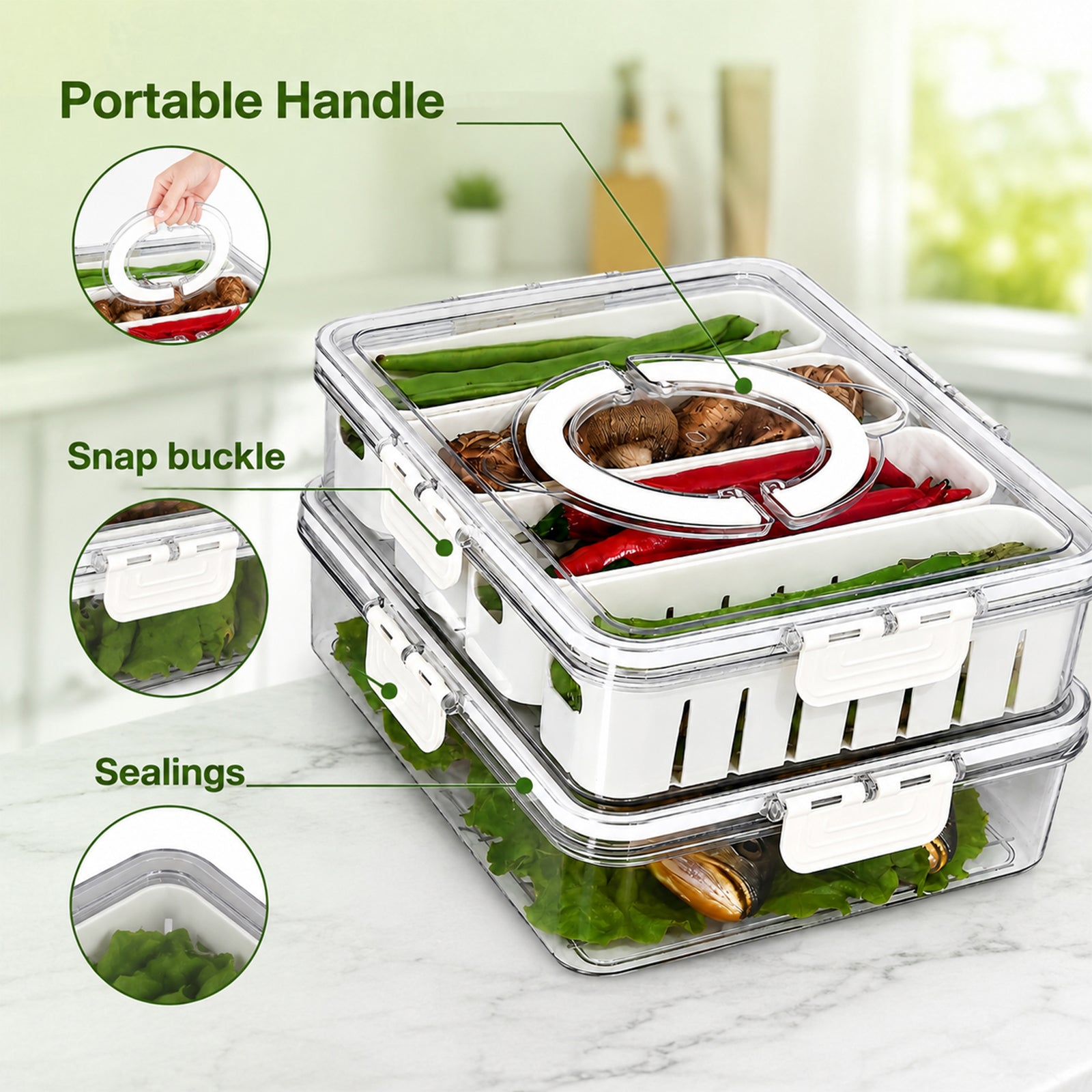8-Compartment Food Storage Container with Airtight Lid, Portable Handle & 4 Clip Lock | Multi-Section Fresh Food Organizer