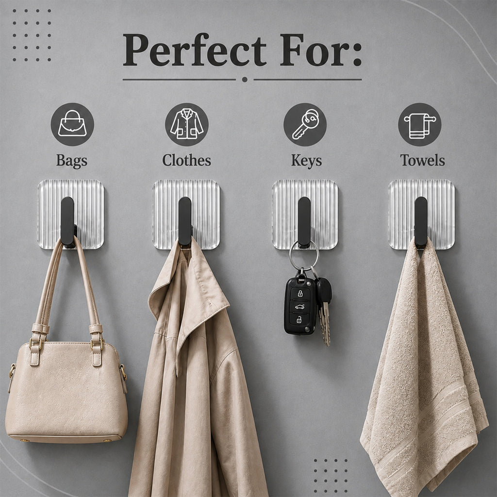 Self-Adhesive Wall Hooks Set of 4 – Strong Sticky Hooks for Bathroom, Kitchen, Bedroom & Home Organization