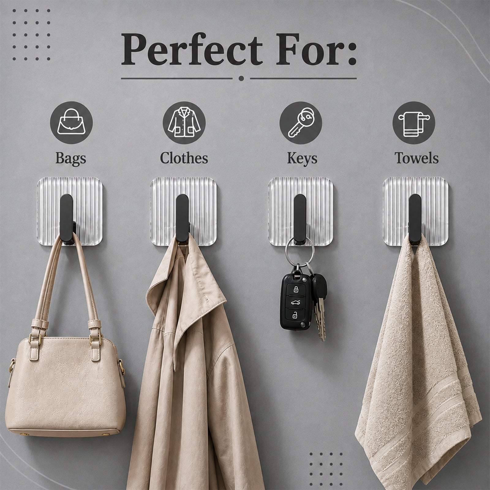 Self-Adhesive Wall Hooks Set of 4 – Strong Sticky Hooks for Bathroom, Kitchen, Bedroom & Home Organization