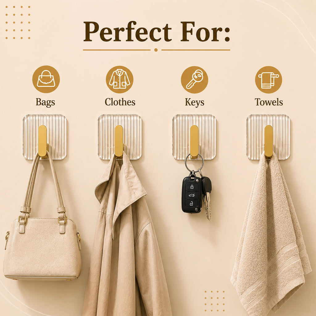 Self-Adhesive Golden Wall Hooks with Set of 4 – Premium Acrylic Sticky Hooks for Bathroom, Kitchen & Home Organization