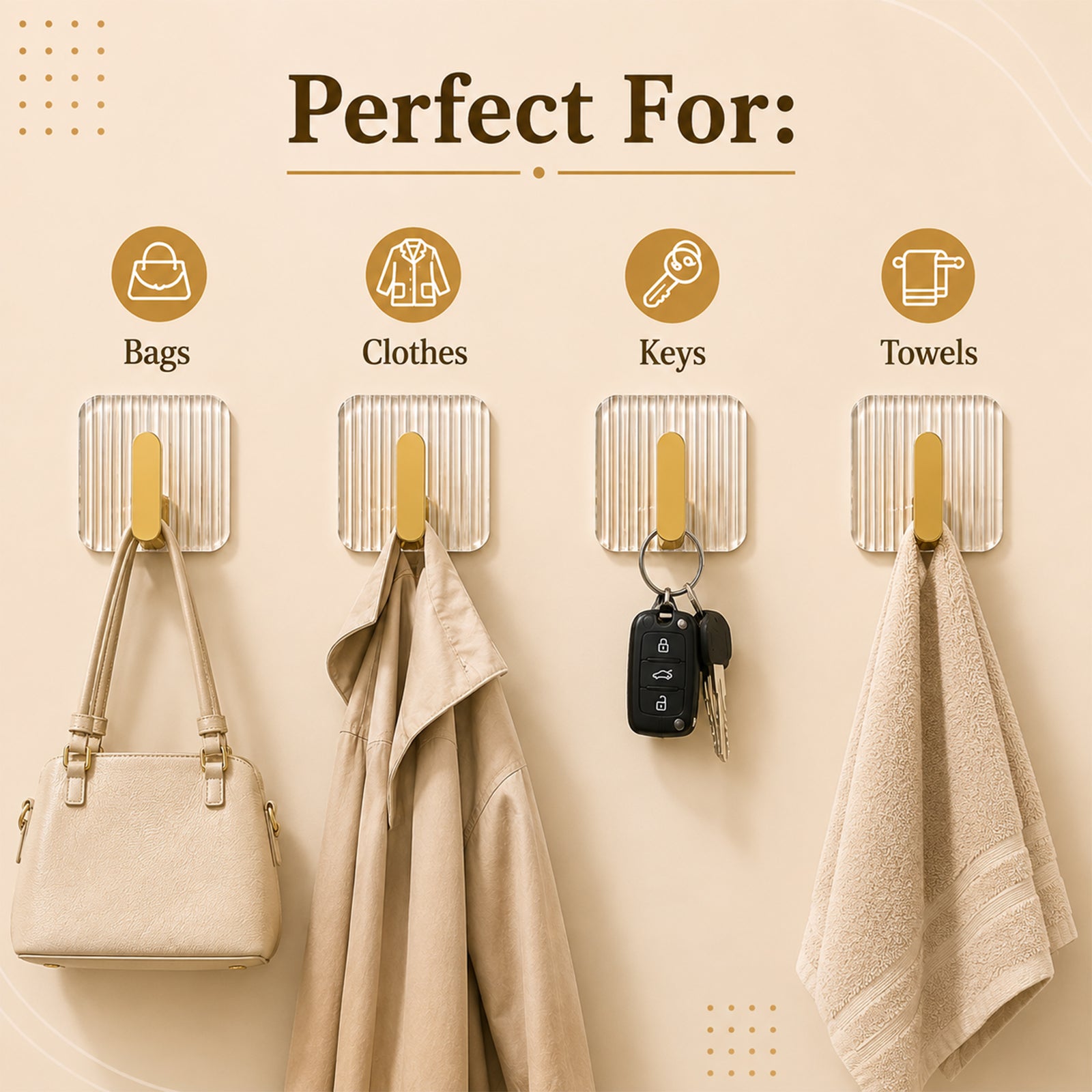 Self-Adhesive Golden Wall Hooks with Set of 4 – Premium Acrylic Sticky Hooks for Bathroom, Kitchen & Home Organization