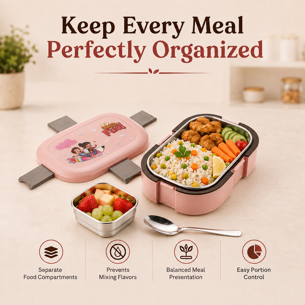 Cute Cartoon Stainless Steel Tiffin for Kids – 2-Compartment Lunch Box for School & Daily Meals