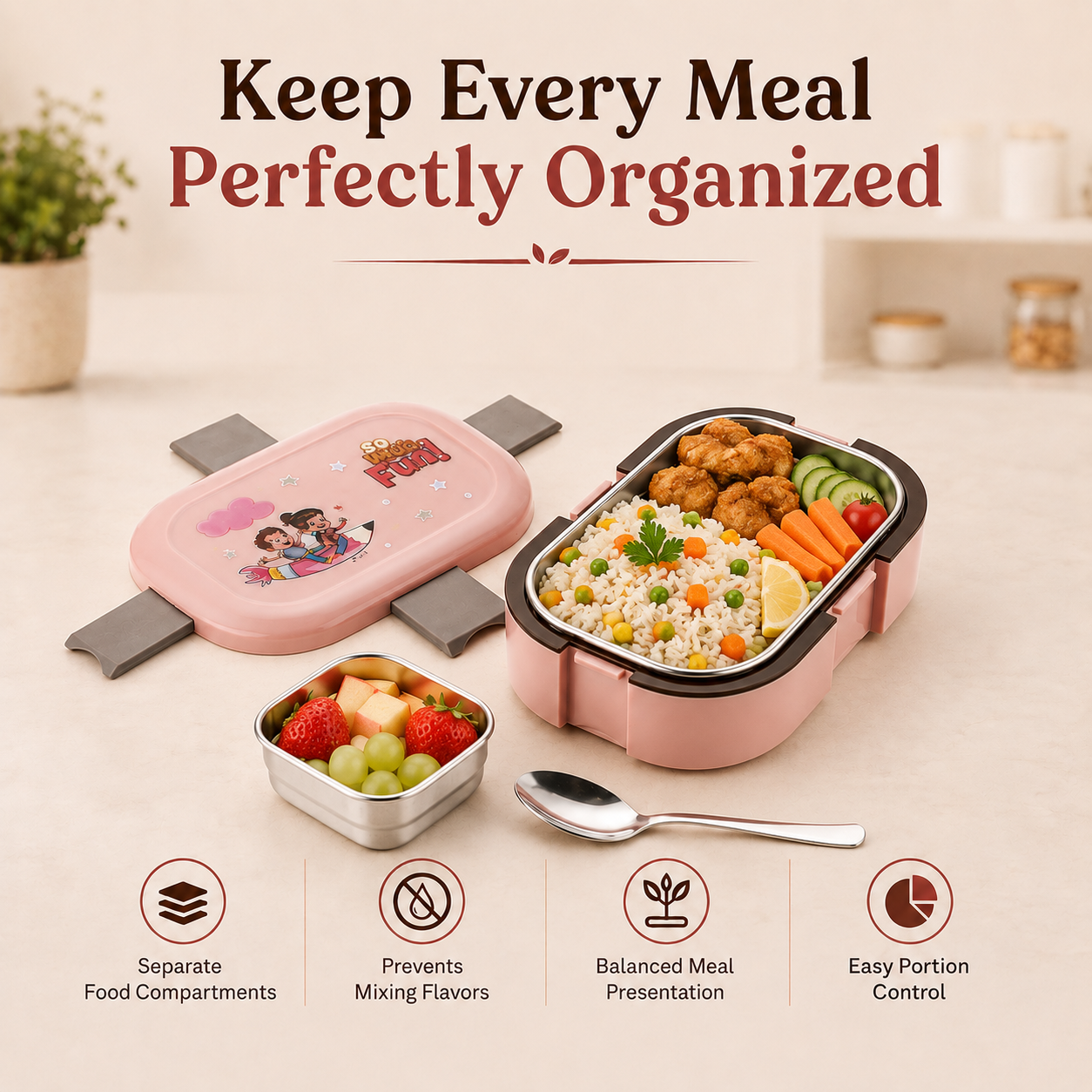Cute Cartoon Stainless Steel Tiffin for Kids – 2-Compartment Lunch Box for School & Daily Meals