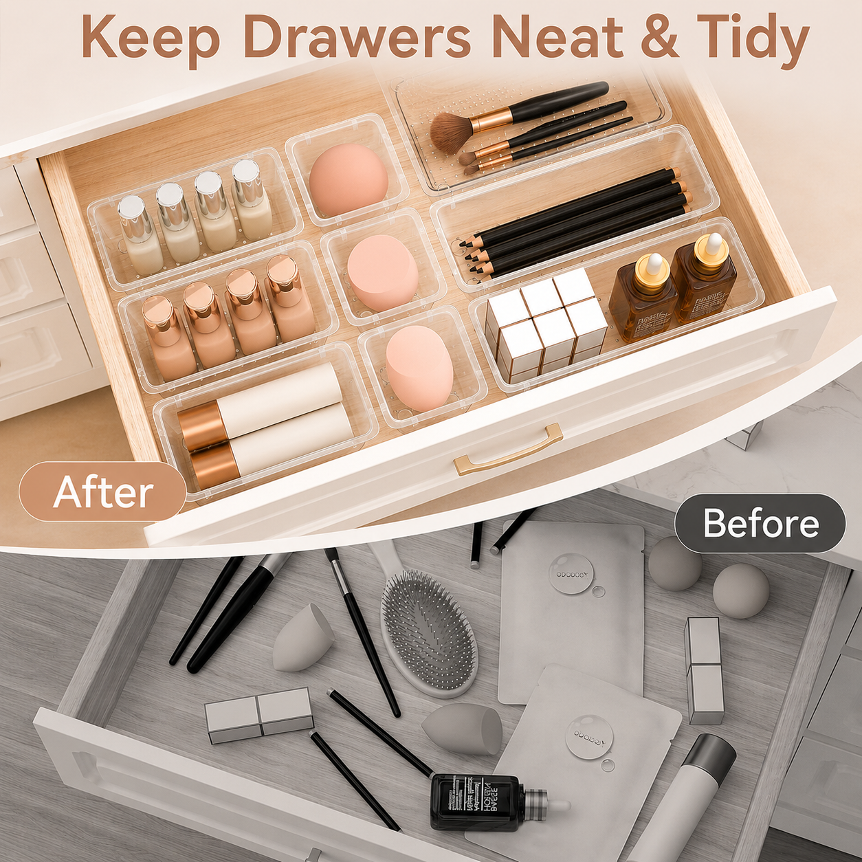 12-Piece Clear Drawer Organizer Set – 4 Sizes for Makeup, Bathroom, Kitchen & Home Storage