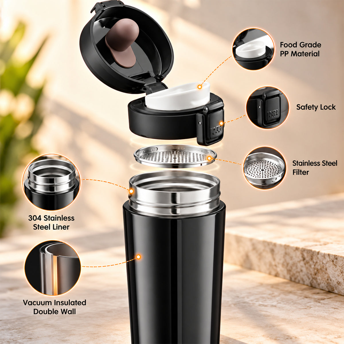 Arossim Stainless Steel Coffee Travel Mug 380ml | Leakproof Thermal Tumbler with Push Button Lid