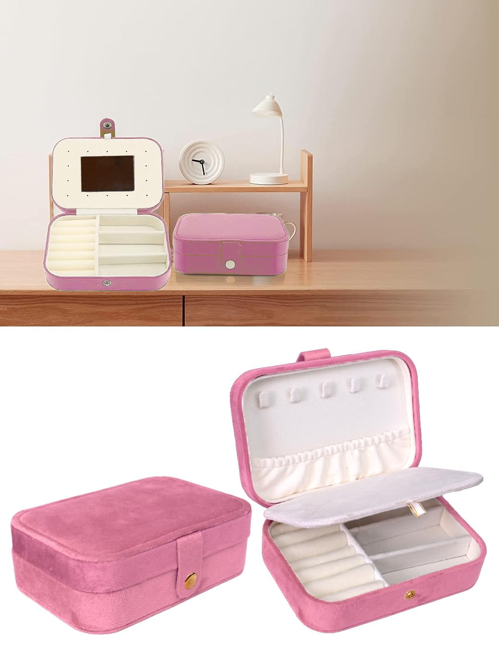 AROSSIM Small PU Leather Jewellery Box for Women | Portable Travel Jewellery Organizer for Rings, Earrings, Necklace, Bracelet & Pendant | Pink