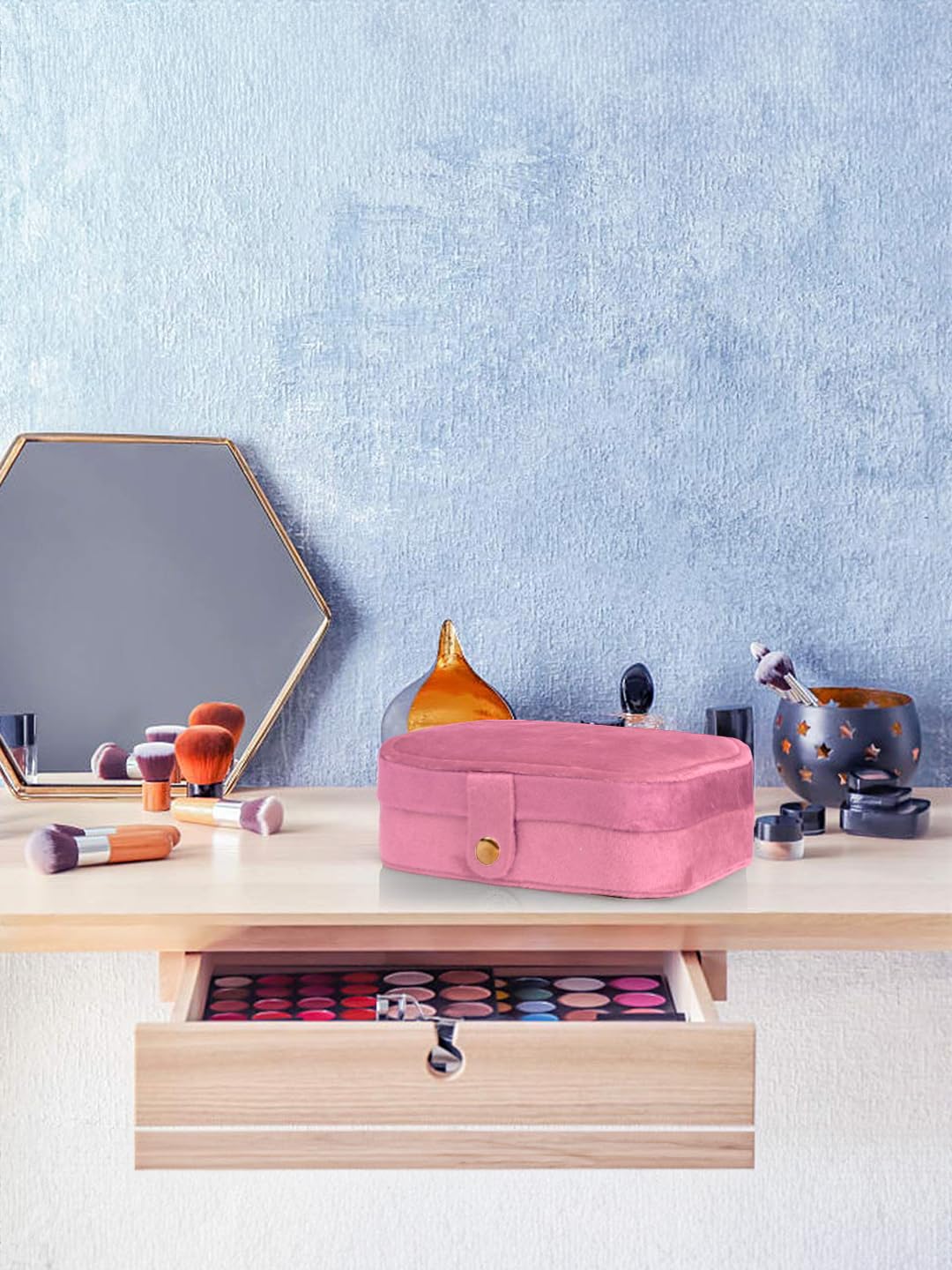 AROSSIM Small PU Leather Jewellery Box for Women | Portable Travel Jewellery Organizer for Rings, Earrings, Necklace, Bracelet & Pendant | Pink