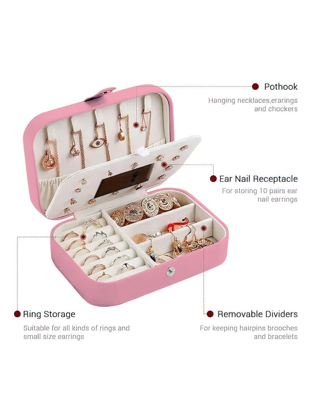 AROSSIM Small PU Leather Jewellery Box for Women | Portable Travel Jewellery Organizer for Rings, Earrings, Necklace, Bracelet & Pendant | Pink